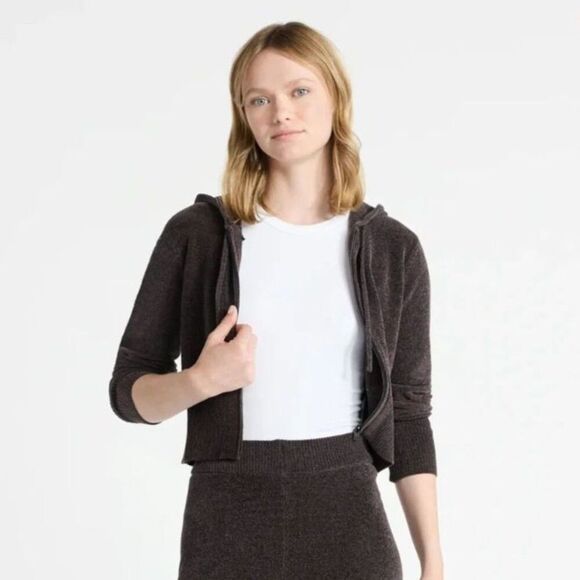 Chenille Y2K Vibe Zip Cropped Sweater Hoodie XL Breen Chocolate Coffee Brown NWT - Picture 4 of 11